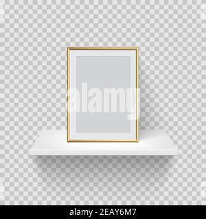 Gold vertical frame for picture on white shelf. Blank space for picture, painting, card or photo. 3d realistic modern template vector illustration. Si Stock Vector