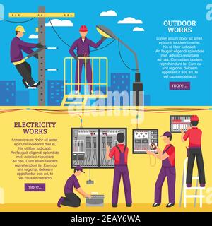 Electrical works horizontal banners with people working on power line support and pole flat vector illustration Stock Vector