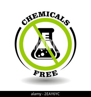 Chemicals free vector stamp for product packaging symbol. Round prohibited sign with chemical flask icon isolated on white Stock Vector