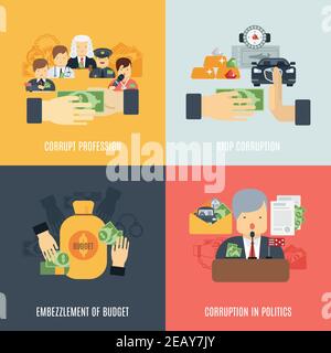 Corruption design concept set with budget embezzlement flat icons isolated vector illustration Stock Vector