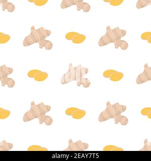 Cartoon ginger whole and slice seamless pattern for print design. Healthy food background. Decorative graphic element. Asian spice root Stock Vector