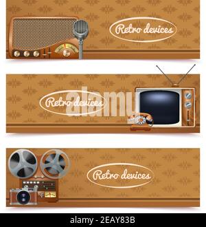 Retro devices banners set with vintage radio tv and photo camera isolated vector illustration Stock Vector