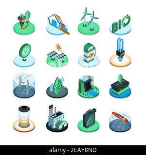 Green energy ecologic power resources isometric icons set isolated vector illustration Stock Vector