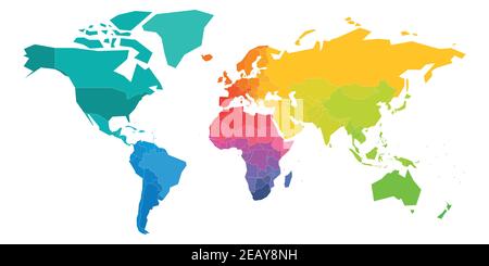 Colorful World Map in colors of rainbow spectrum. Each sovereign country in different color. Simple flat blank vector map. Stock Vector