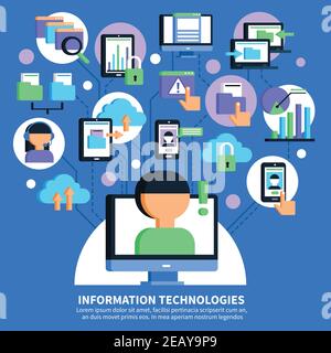 Information technologies flat vector illustration with scheme of data exchange between smartphone laptop cloud storage and operators help Stock Vector