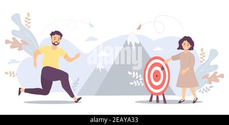 The guy runs to his goal, moves on motivation to the goal, on the way to the top of success. There is a girl standing there. Vector for task, goal, ac Stock Vector