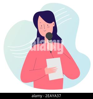 girl master ceremonial hold mic and paper with cartoon flat style Stock Vector