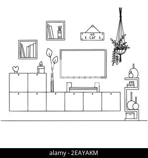 A sketch of a television room. TV furniture, other interior elements. Vector illustration Stock Vector