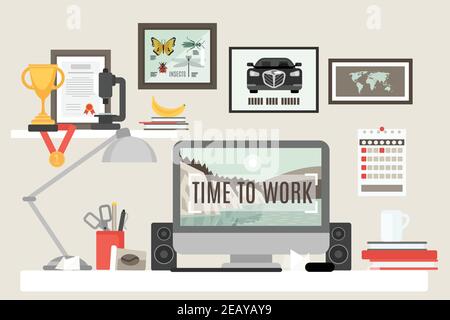 Workspace in room with desk computer and work items flat vector illustration Stock Vector