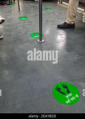 New Delhi India – February 3 2021 : View inside Delhi metro station after the lockdown where wearing face mask is essential, Delhi Metro inside view d Stock Photo