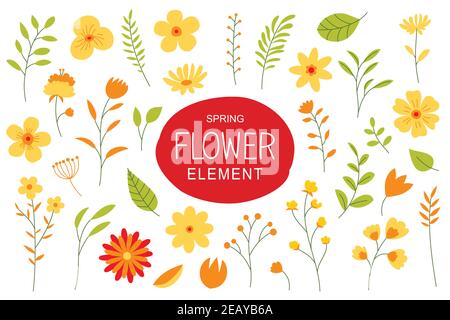 Flowers and leaves in spring season. Simple design elements with spring flowers set. Stock Vector