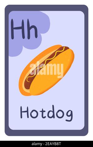 Abc food education flash card, Letter H - hotdog. Cartoon design template with colorful alphabet education card. Stock Vector