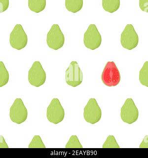 Eye catching seamless pattern with green guava whole fruit and one pink cut in half. Nature food vector illustration. Organic textile. Healthy food on white background. Stock Vector