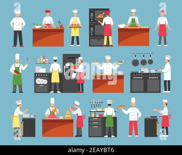Professional cooking decorative icons set with chefs at cooker and waiters with trays isolated vector illustration Stock Vector