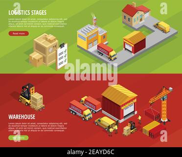 Logistics 2 horizontal isometric with cargo delivery chain and ...