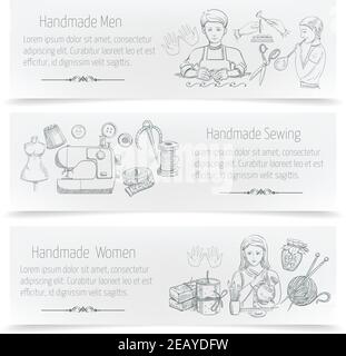 Handmade horizontal banner set with hand drawn sewing elements isolated vector illustration Stock Vector