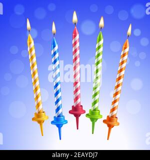 Realistic 3d colorful birthday cake burning candles set on blue background vector illustration Stock Vector