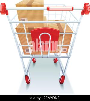Supermarket coated wire shopping cart with cardboard boxes for packing goods realistic image white background icon vector illustration Stock Vector