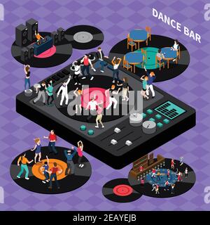 DJ club bar retro style vinyl discs dance floor isometric composition poster with rhythmic moving people vector illustration Stock Vector