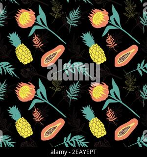 Seamless pattern with tropical flowers, leaves and fruits. Stock Vector