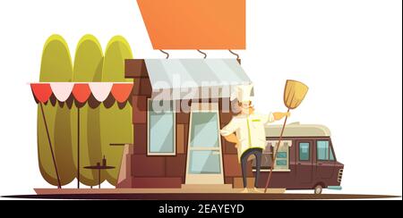 Local store building with owner trees and van cartoon vector illustration Stock Vector