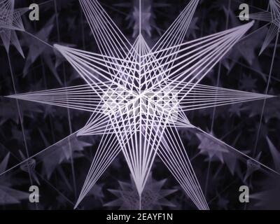 Photography of a kaleidoscope art background depicting triangular shapes forming a star made with lasers beams shining and reflecting themself in mult Stock Photo