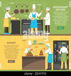 Professional cooking two horizontal banners with cooks working in restaurant and chef baking cake in bakery flat vector illustration Stock Vector