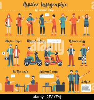 Hipster infographics template  with young people with wear in street  fashion and modern accessories on yellow background flat vector illustration Stock Vector