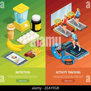 Colorful gym isometric vertical banners with healthy lifestyle activities and proper eating vector illustration Stock Vector