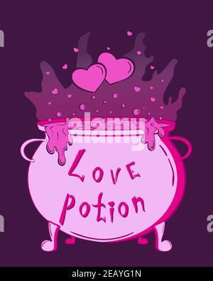 Magic cauldron with love potion and hearts. Stock Vector