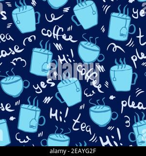 Blue doddle hot drink vector seamless pattern Stock Vector