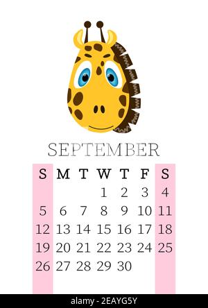 Calendar 2021. Monthly calendar for September 2021 from Sunday to Saturday. Yearly Planner. Templates with cute hand drawn face animals. Vector Stock Vector