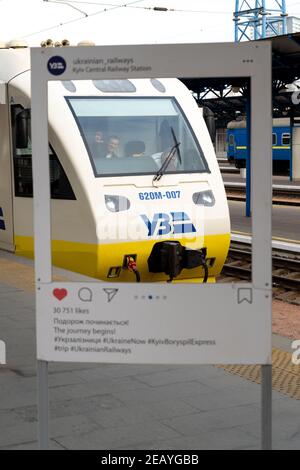 UKRAINE, KYIV - OCTOBER 10, 2020: Ukrainian Railway. Electric train. Machined in the pub. Express train to Boryspil airport. Railway. Kyiv central rai Stock Photo