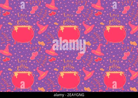 Nice love potion seamless pattern with cauldron Stock Vector