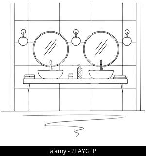 Bathroom sketch. Two washbasins, two round mirrors and other design elements. Vector illustration Stock Vector