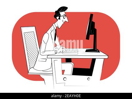 Online education, educational webinar, personal tutor courses. Man sitting at table with personal computer Stock Vector