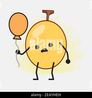 Vector Illustration of Yellow Honeydew Melon Character with cute face, simple hands and leg line art on Isolated Background. Flat cartoon doodle style Stock Vector