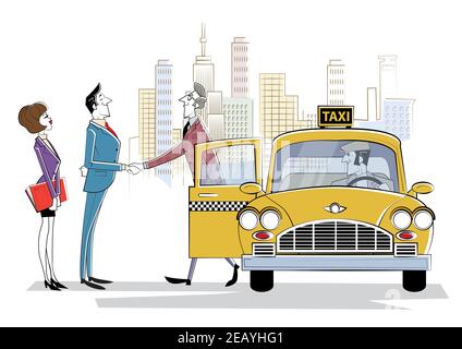Cooperation in solutions search, Team collaboration, professional marketing research, business meeting. Meeting business partner next to taxi car. Bus Stock Vector