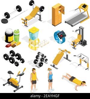 Gym and fitness isometric icons set with healthy food and equipment symbols isometric isolated vector illustration Stock Vector