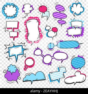 Pop art bubbles set with sound effects and exclamations on transparent background flat isolated vector illustration Stock Vector