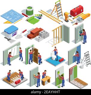 Home repair isometric icons set of different renovation procedures workers and tools isolated vector illustration Stock Vector