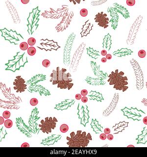 Seamless background with pine cones, fir branches and berries. Winter repeating pattern for design and packaging. Cute pattern with cedar cones and br Stock Vector