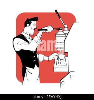 Smiling barista preparing coffee with coffee-machine. Sketch style illustration. Stock Vector