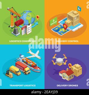 Logistic isometric concept with different stages and means of delivery and transportation processes isolated vector illustration Stock Vector