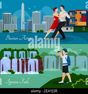 Argentina culture landmarks and nature 2 flat horizontal banners with waterfalls cityscape and dancing couple isolated vector illustration Stock Vector