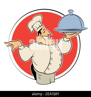 Illustration of cartoon Chef with dish. Sketch illustration. Stock Vector