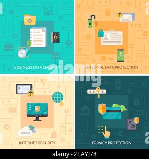 Internet security 4 flat icons square composition with personal private and business data protection symbols isolated vector illustration Stock Vector