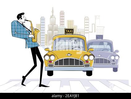 Man playing saxophone and walking through pedestrian crossing in big city.. Sketch style illustration. Stock Vector