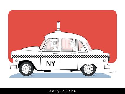 Cartoon retro taxi on red background. Vector illustration Stock Vector