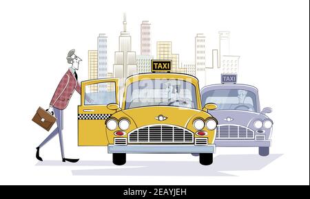 Ordering taxi car. Man gets into a retro taxi car on the street of a big city. Businessman rushing to meeting. Retro illustration in sketch style. Stock Vector